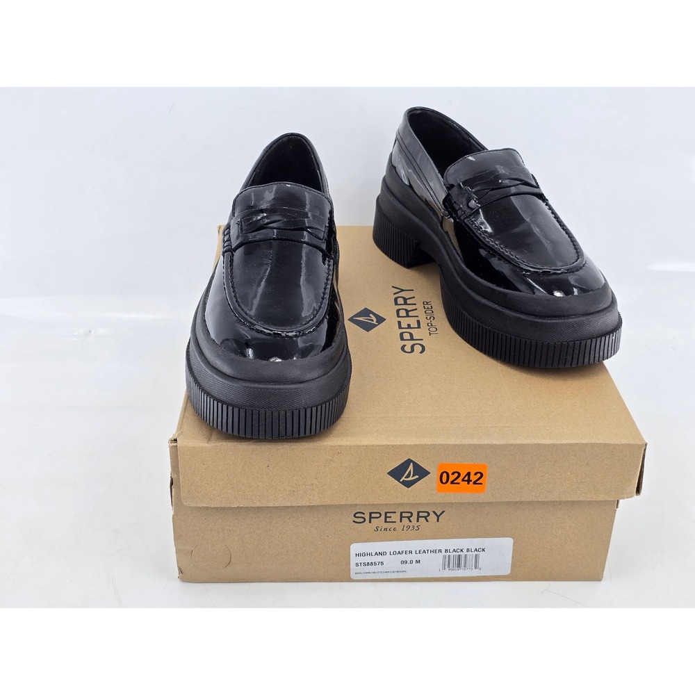 Sperry Highland Loafer Women 9 Black Patent Leather Platform Lug Sole STS88575